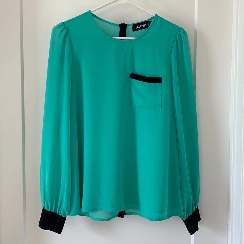 Green Blouse with Black Trim